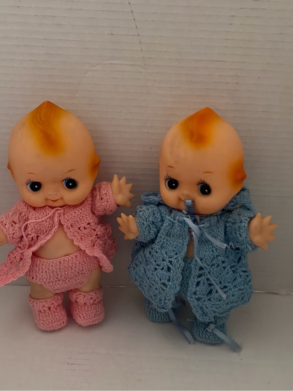Kewpie-Style Baby Dolls Set - Pink & Blue Crochet Outfits